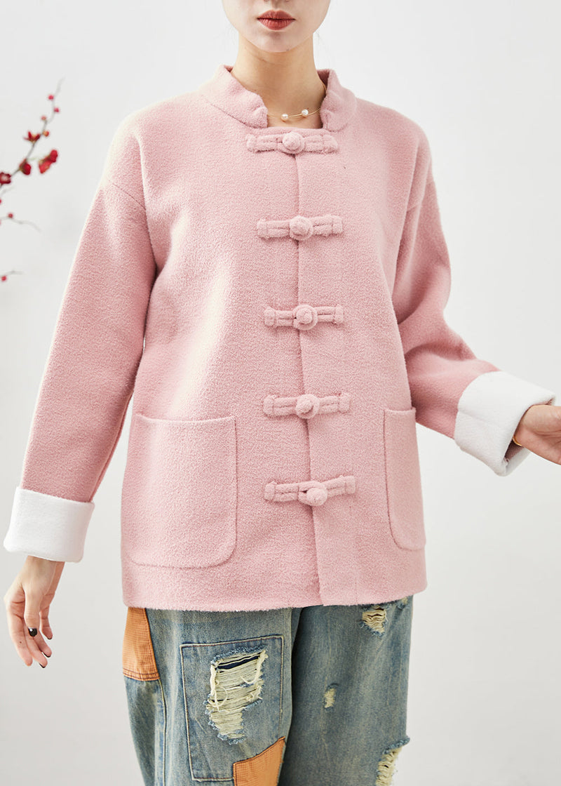 Pink Mandarin Collar Chinese Button Pockets Woolen Coats Fall