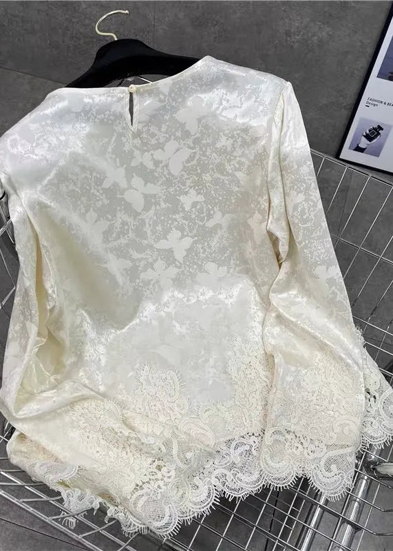 Fine White Jacquard Patchwork Lace Silk Blouses Fall