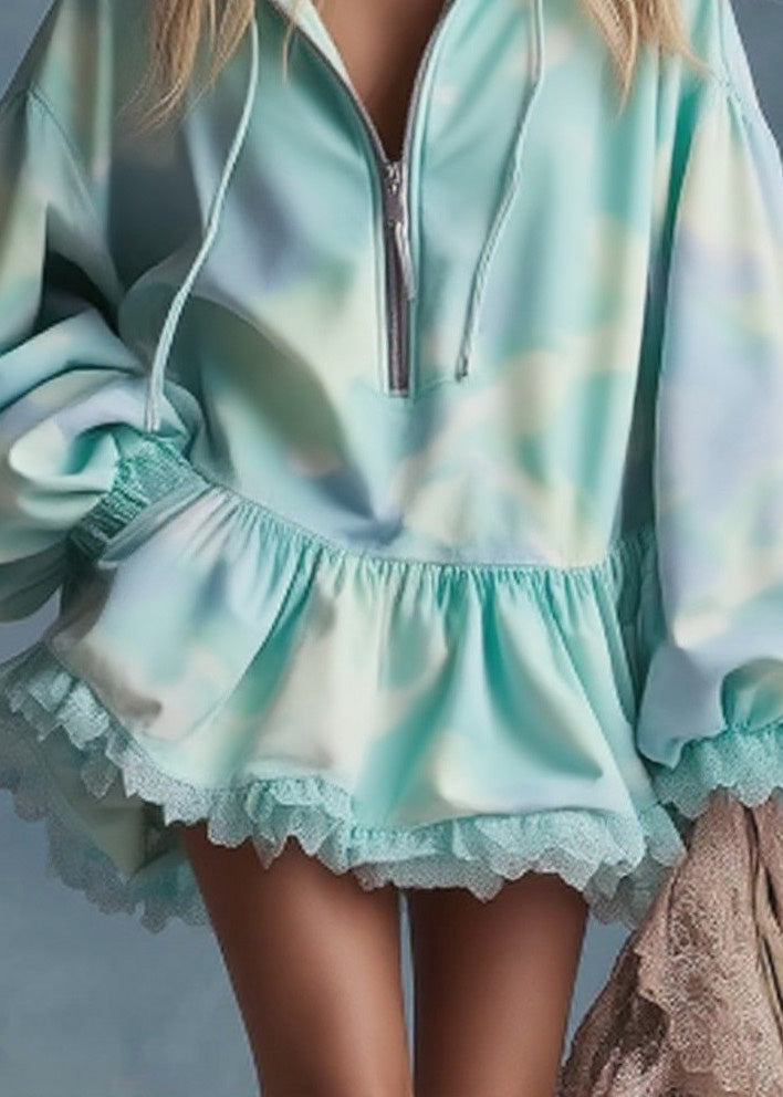 Stylish Zip Up Lace Patchwork Cotton Sweatshirt Dress Spring