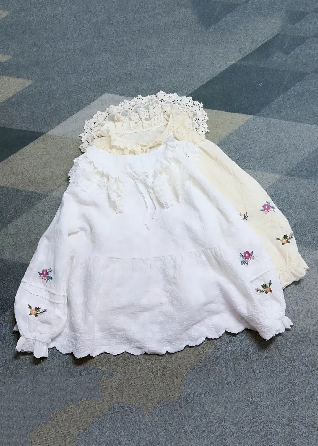 Beige Embroideried Lace Patchwork Cotton Shirt Spring