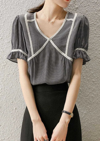 Small Plaid Ruffled Patchwork Silk Tops Summer
