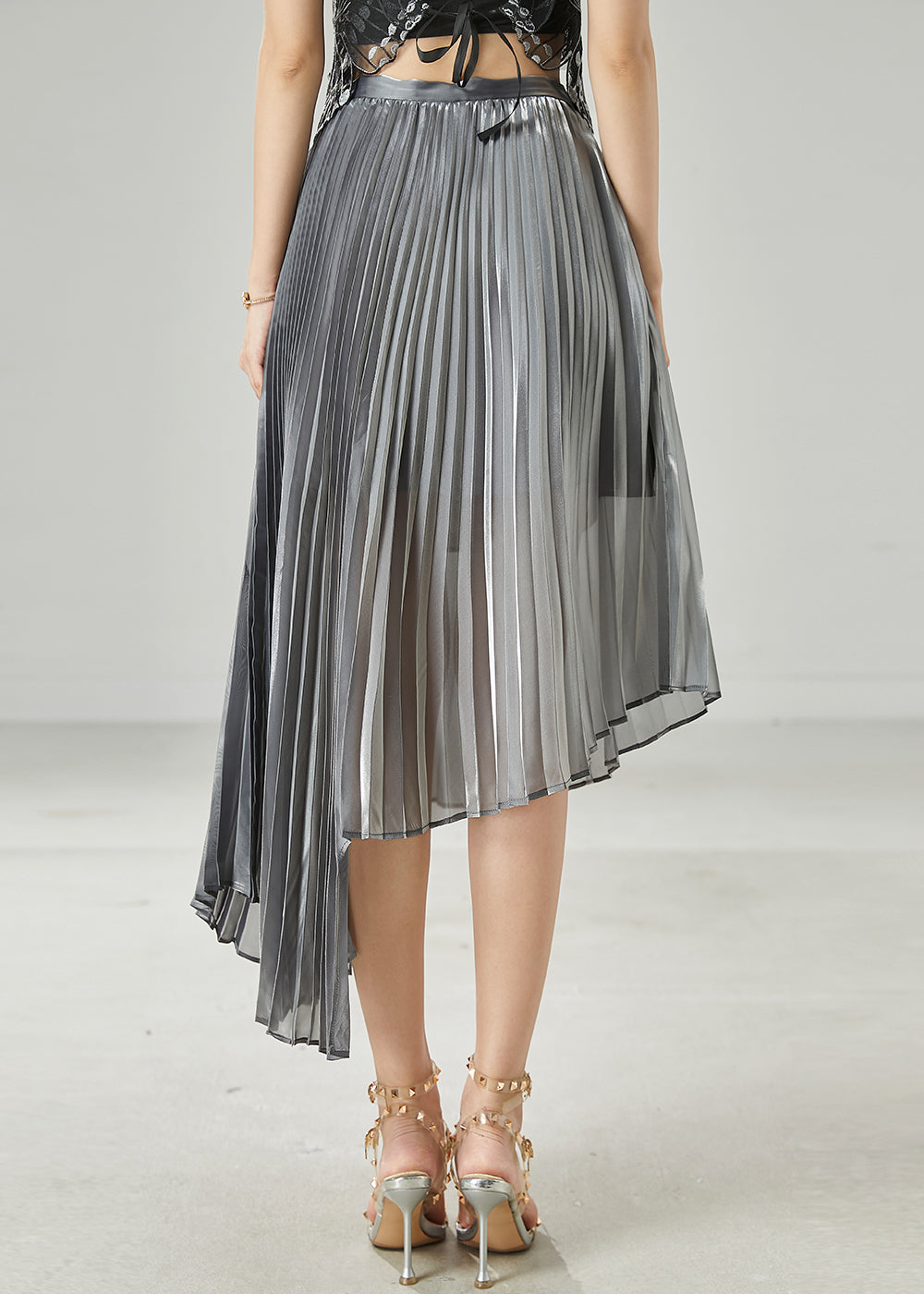 Grey Asymmetrical Design Chiffon Pleated Skirt Summer