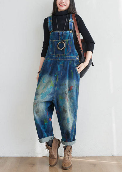 Blue Patchwork Print Denim Jumpsuit Spring