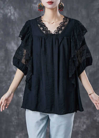 Black Patchwork Ruffled Cotton Tanks Back Tie Short Sleeve