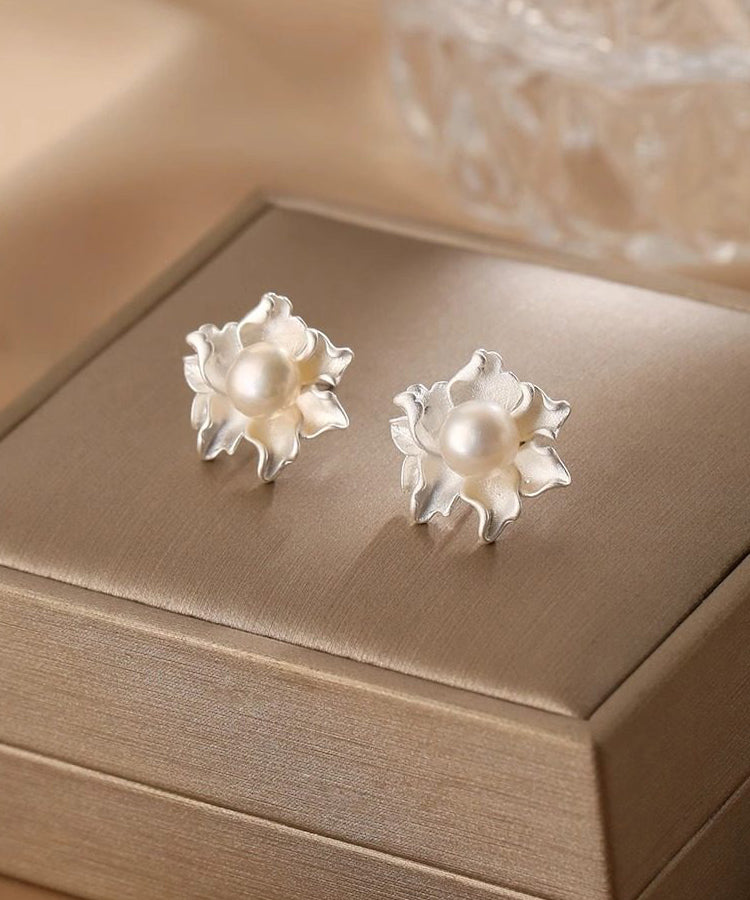 Classy White Sterling Silver Pearl Dripping Glaze Stud Earrings