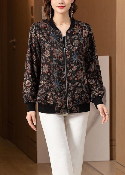 Black O Neck Zip Up Pockets Silk Coats Long Sleeve