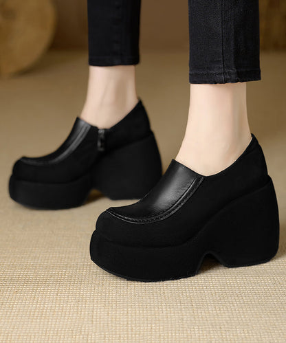 Handmade Black High Wedge Heels Cowhide Leather Splicing
