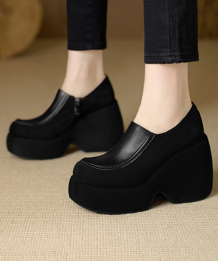 Handmade Black High Wedge Heels Cowhide Leather Splicing