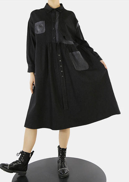 Style Black Asymmetrical Design Cinched Peter Pan Collar Denim Dress Spring