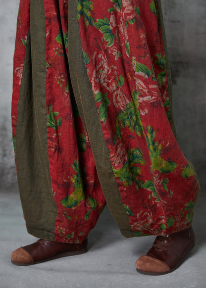 Red Oversized Patchwork Print Linen Harem Pants Spring