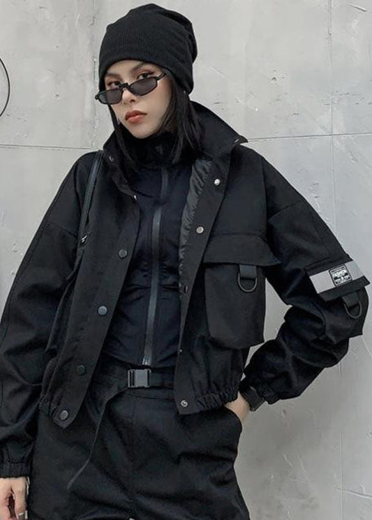 Art Black Stand Collar Pockets Button Fall Coat Long Sleeve