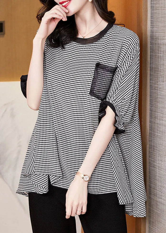 Black O-neck Plaid Patchwork Chiffon Tank Tops Short Sleeve