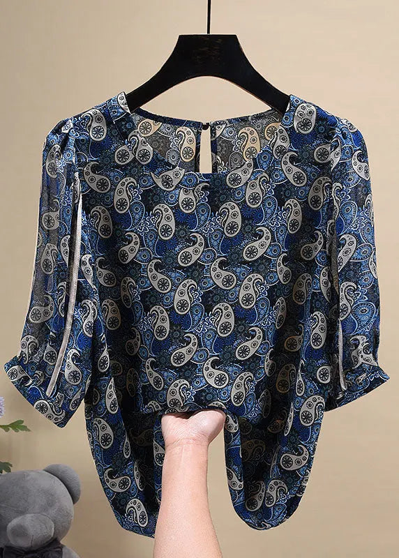 Style Khaki Print O-neck Patchwork Button Chiffon Blouse Tops Short Sleeve
