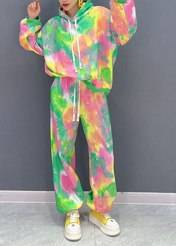 Diy Green Print Hooded Coats and Lantern Pants Two Piece Set Long Sleeve