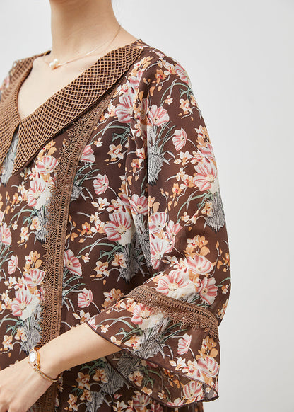 Brown Print Patchwork Lace Holiday Dress Summer