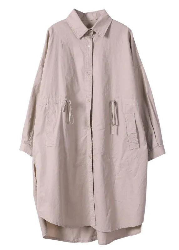 Loose Khaki Peterpan Collar Tie Waist Button Fall Long Sleeve Tops
