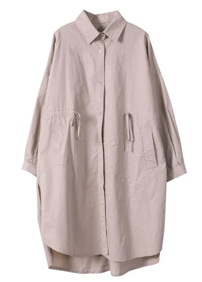 Loose Khaki Peterpan Collar Tie Waist Button Fall Long Sleeve Tops