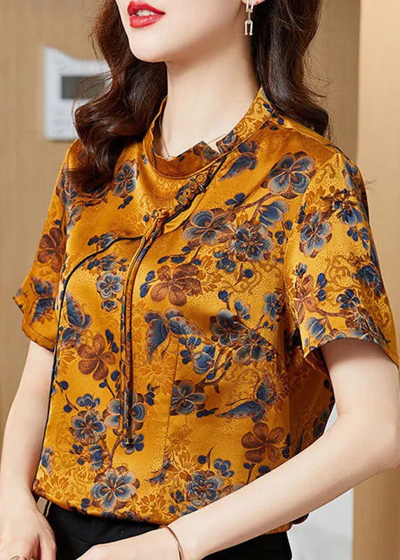Yellow Stand Collar Print Tassel Oriental Silk Shirts Short Sleeve Summer