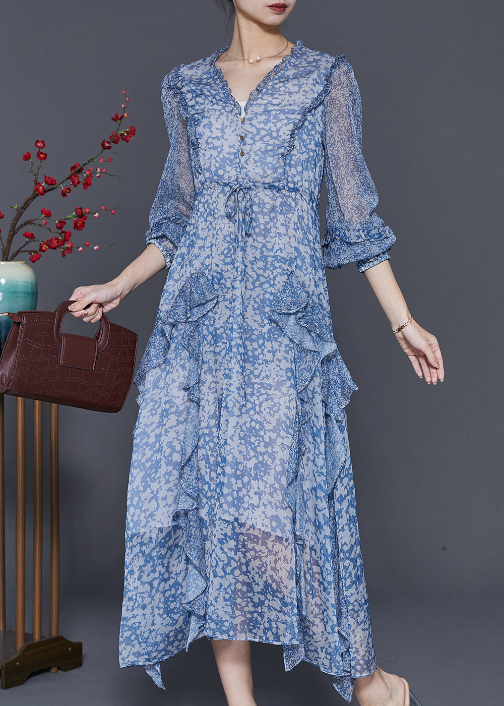 Blue Ruffled Patchwork Print Chiffon Cinched Dress Spring
