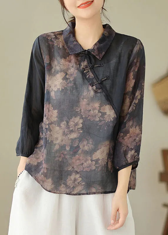 Loose Black Peter Pan Collar Button Print Linen Shirts Spring