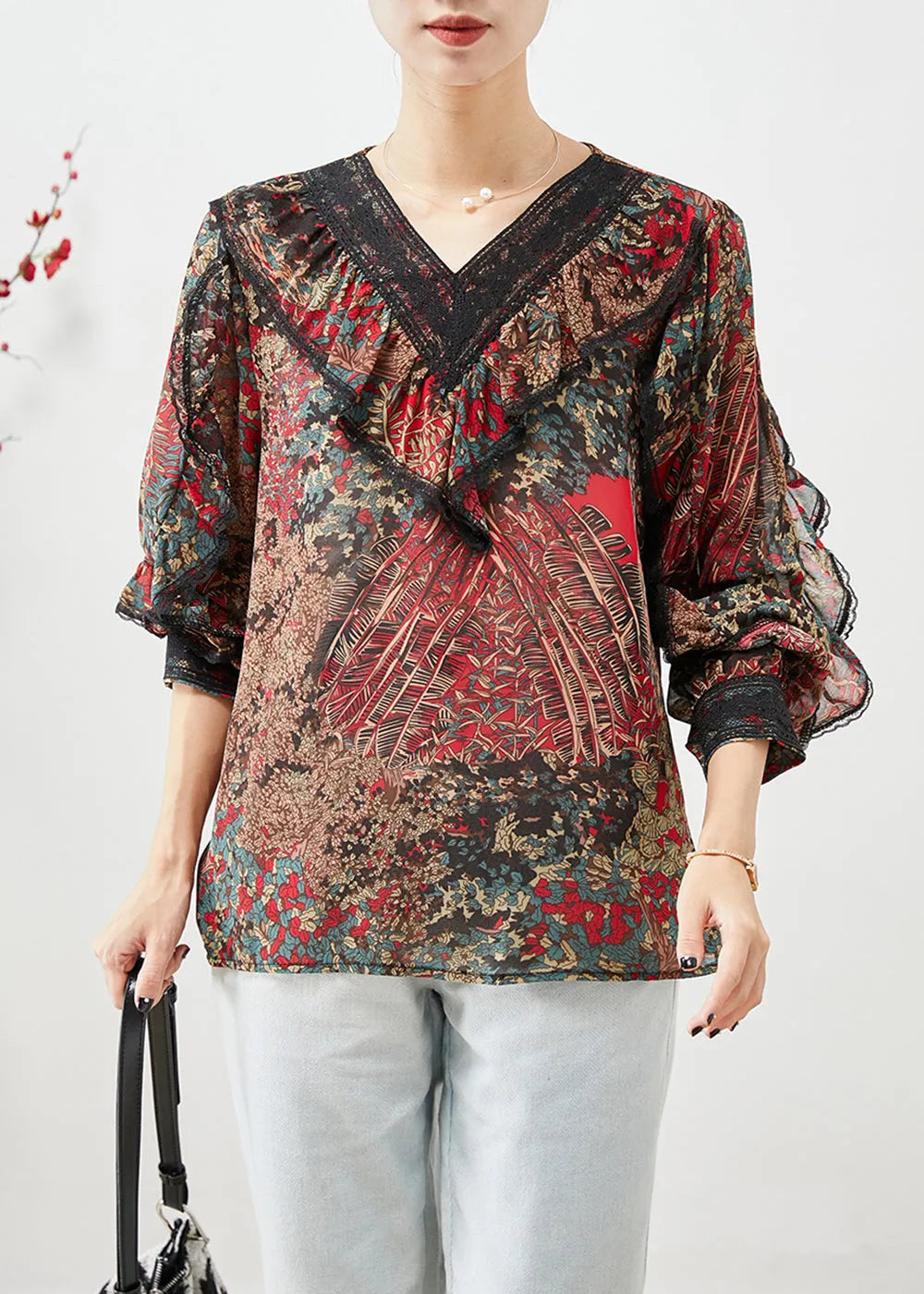 Red Ruffles Patchwork Print Chiffon Shirt Top Fall