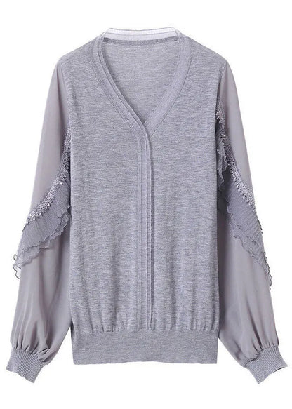 Style Grey V Neck Tulle Patchwork Ruffles Cotton Shirt Top Long Sleeve
