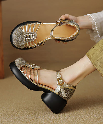 Stylish Apricot Hollow Out Splicing Chunky Heel Sandals