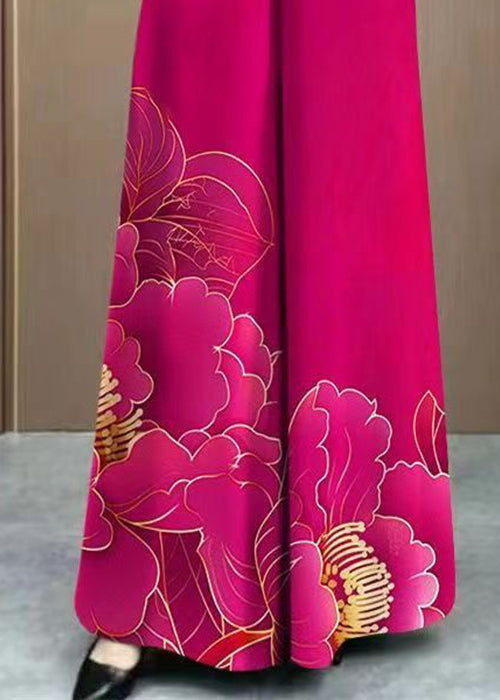 Rose Print Elastic Waist Cotton Wide Leg Pants Pockets Summer