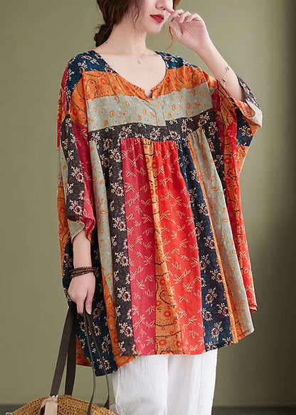 Rainbow V Neck Print Patchwork Fall Shirt Top Three Quarter Sleeve