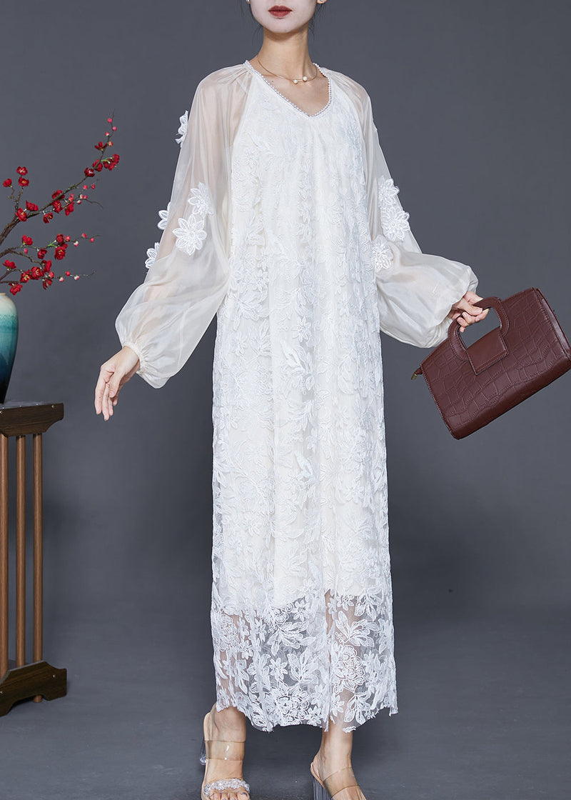 French White Stereoscopic Lace Long Dresses Fall