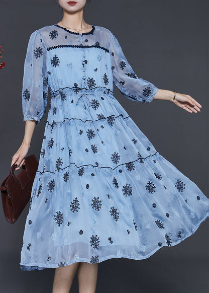 Sea Blue Embroidered Silk Cinched Dress Summer