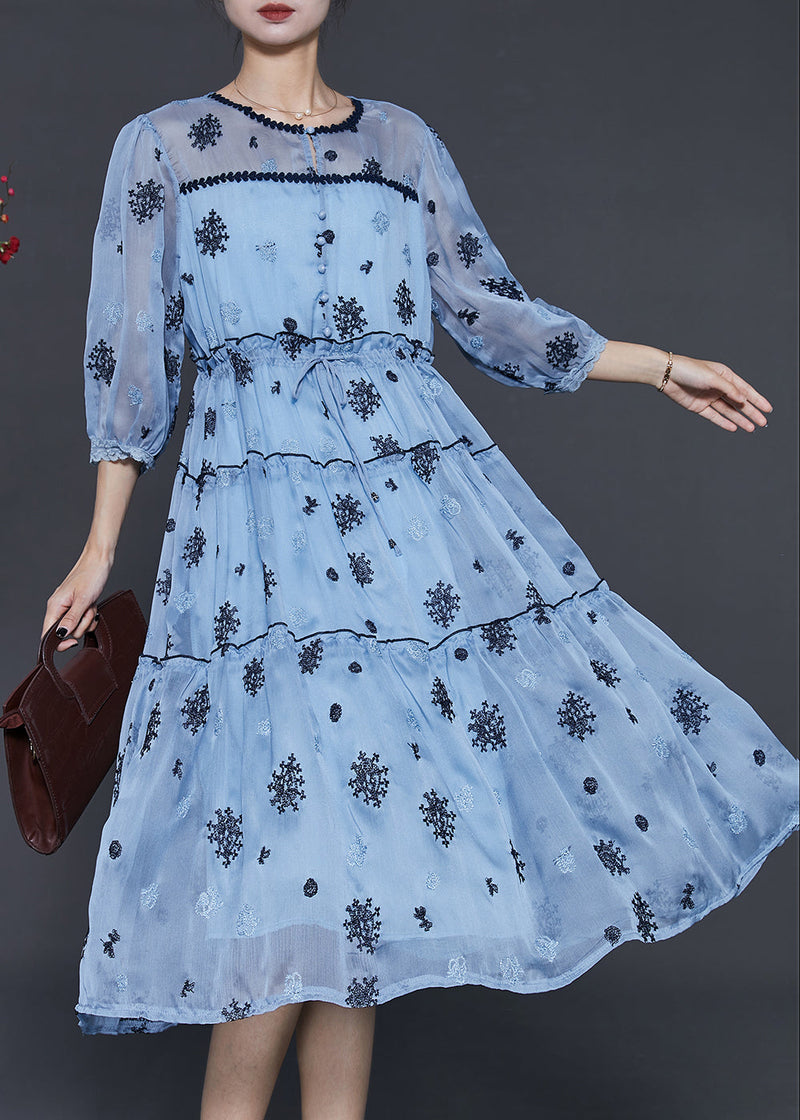 Sea Blue Embroidered Silk Cinched Dress Summer