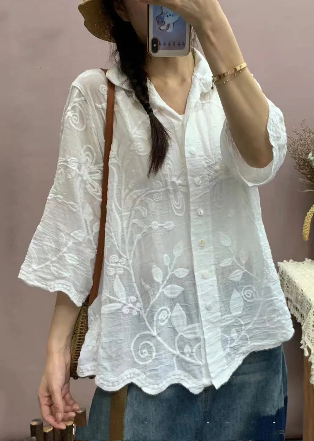White Embroidered Cotton Top Half Sleeve