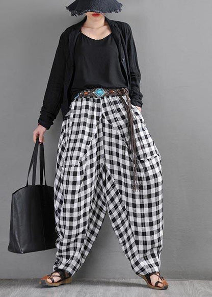 Black White Plaid Cotton Linen Harem Pants Summer