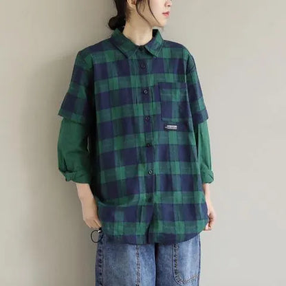 Unique Lapel False Two Pieces Crane Tops Design Black White Plaid Tops