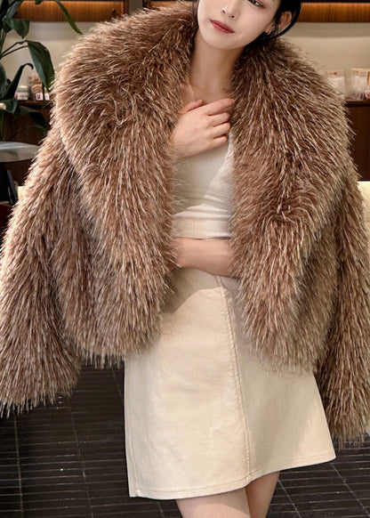 Khaki Raccoon Hair Collar Leather and Fur Coat Winter