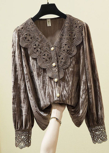Diy Chocolate V Neck Lace Patchwork Silk Velour Shirt Long Sleeve