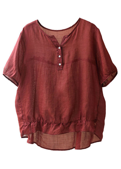 Red V Neck Wrinkled Low High Design Linen Shirts Short Sleeve