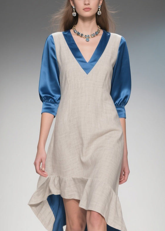 Colorblock Ruffled Patchwork Linen Silk Dress Summer