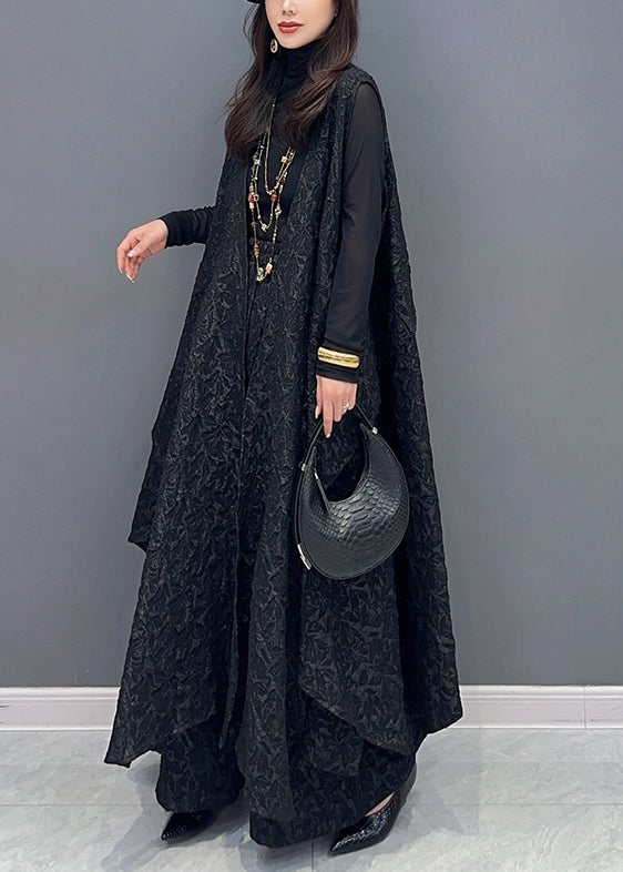 Jacquard Black Asymmetrical Patchwork Waistcoat and Pants Cotton Two Pieces Set Sleeveless
