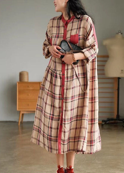 Blue O-neck Plaid Patchwork Shirt Dress Spring