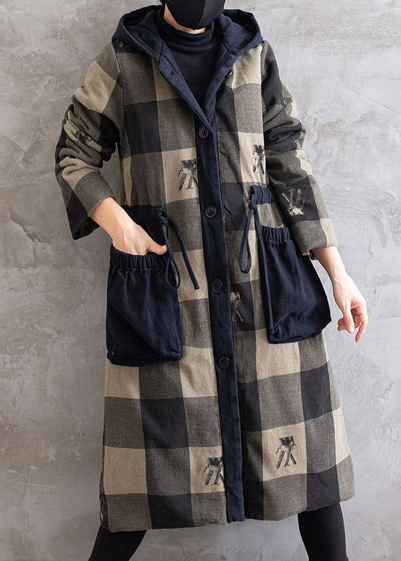 Gray Plaid Overcoat Hooded Drawstring Coats