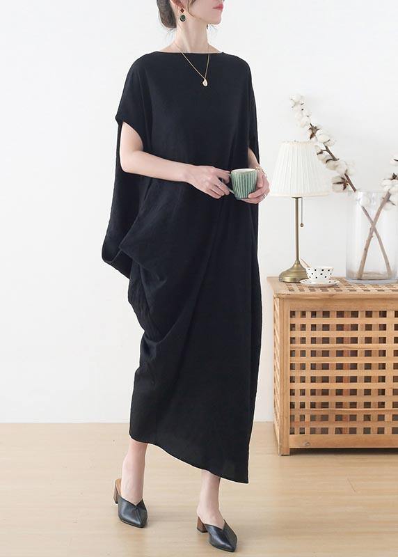 French Black Batwing Sleeve Summer Linen Dress
