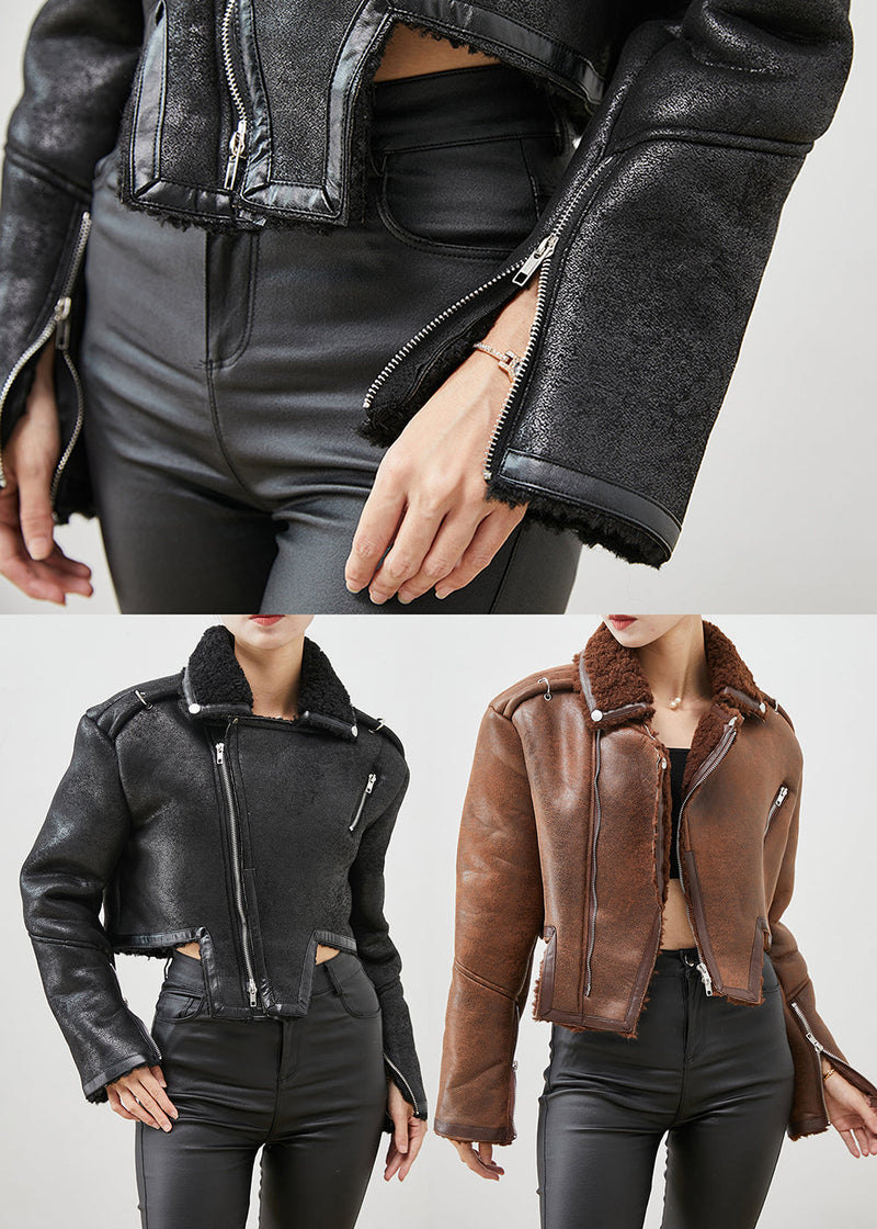 Brown Asymmetrical Zippered Faux Fur Coat Outwear Winter
