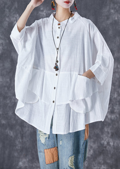 White Stand Collar Patchwork Linen Shirt Tops Batwing Sleeve