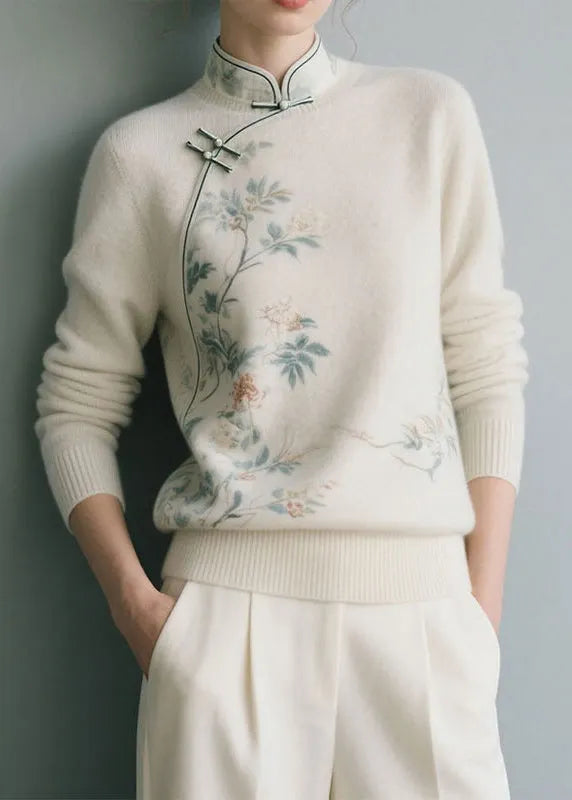 White Thick Knit Sweater Stand Collar Winter