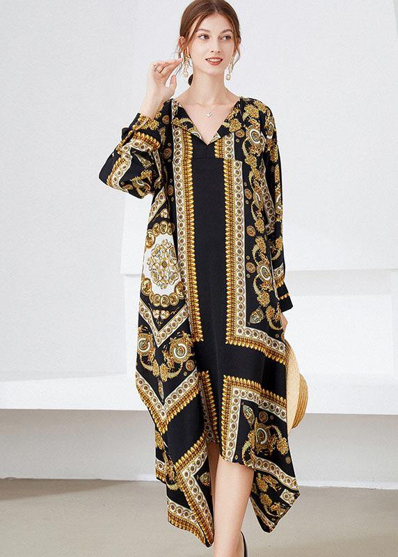 Black Yellow Print Loose Asymmetrical Design Fall Holiday Dress Long Sleeve