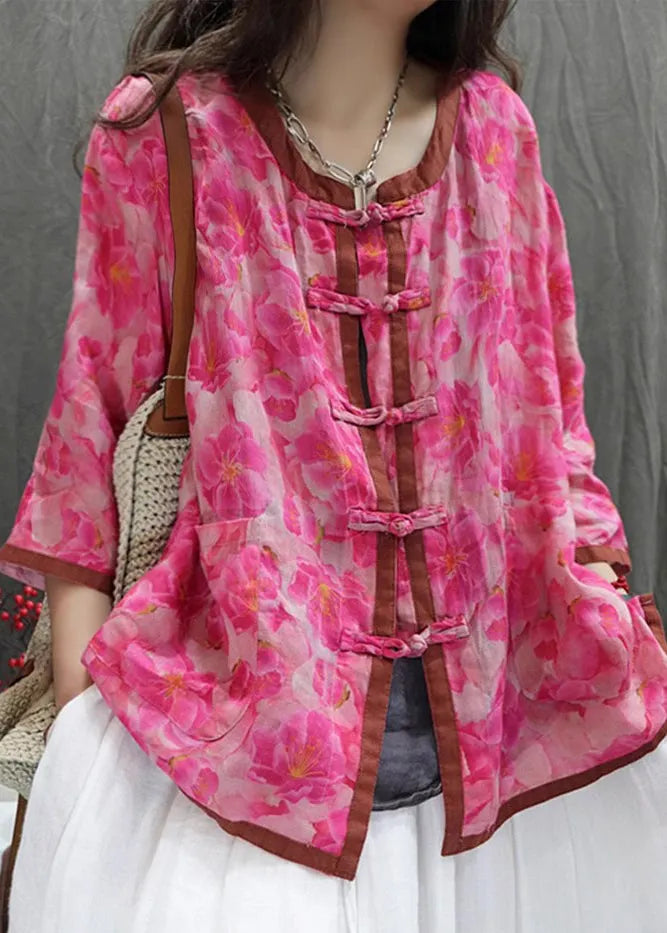Purple Print Chinese Button Cotton Shirt Top Summer