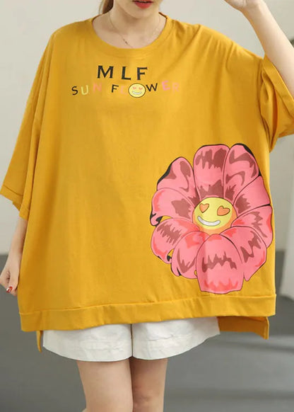 Stylish Yellow Loose O-neck Print Low High Design Fall Tee Half Sleeve