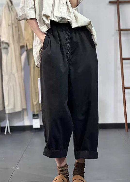 Black Pockets Elastic Waist Cotton Crop Pants Fall